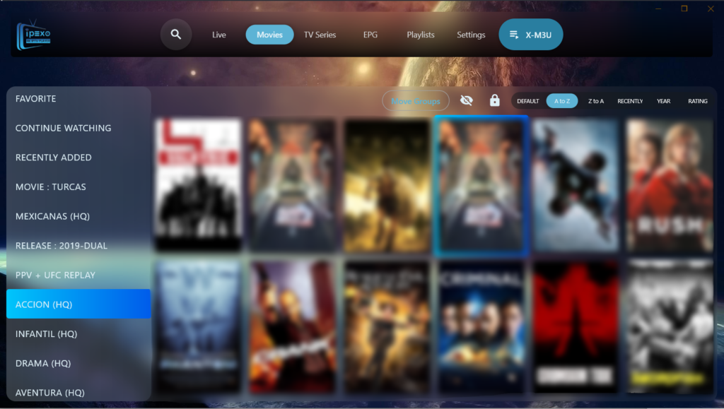 Movies screen UI of ipexo player, play VOD, Movies, Series in IPEXO M3U PLAYER