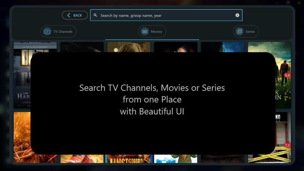 master search in ipexo player for Live Tv, Series or Movies
